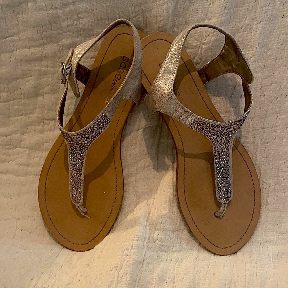 BCBG leather silver rhinestone sandals
